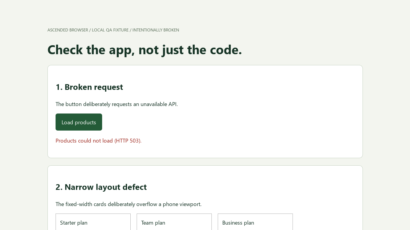 Local QA fixture after Load products shows Products could not load HTTP 503