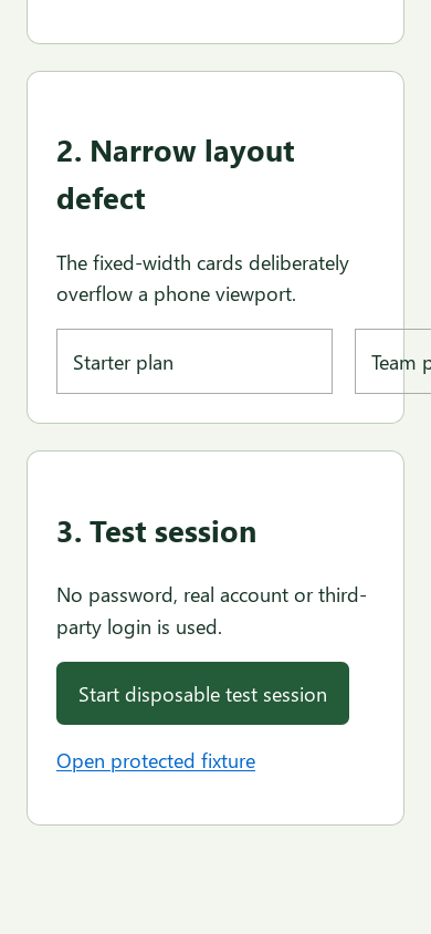 Phone-width fixture with plan cards extending beyond the right viewport edge